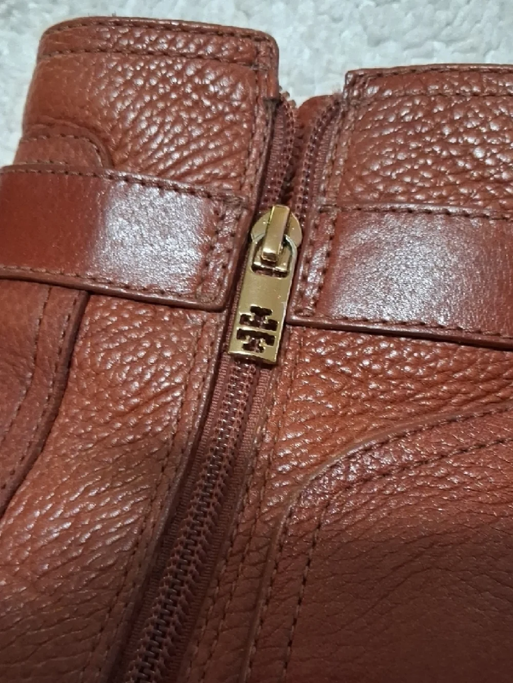 Tory Burch Cognac Leather Ankle Booties with Logo Accent